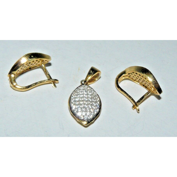 Pave Diamond Covered Leaf Shaped Pendant & Earrings Set YGP 925 Sterling Silver - Picture 5 of 6